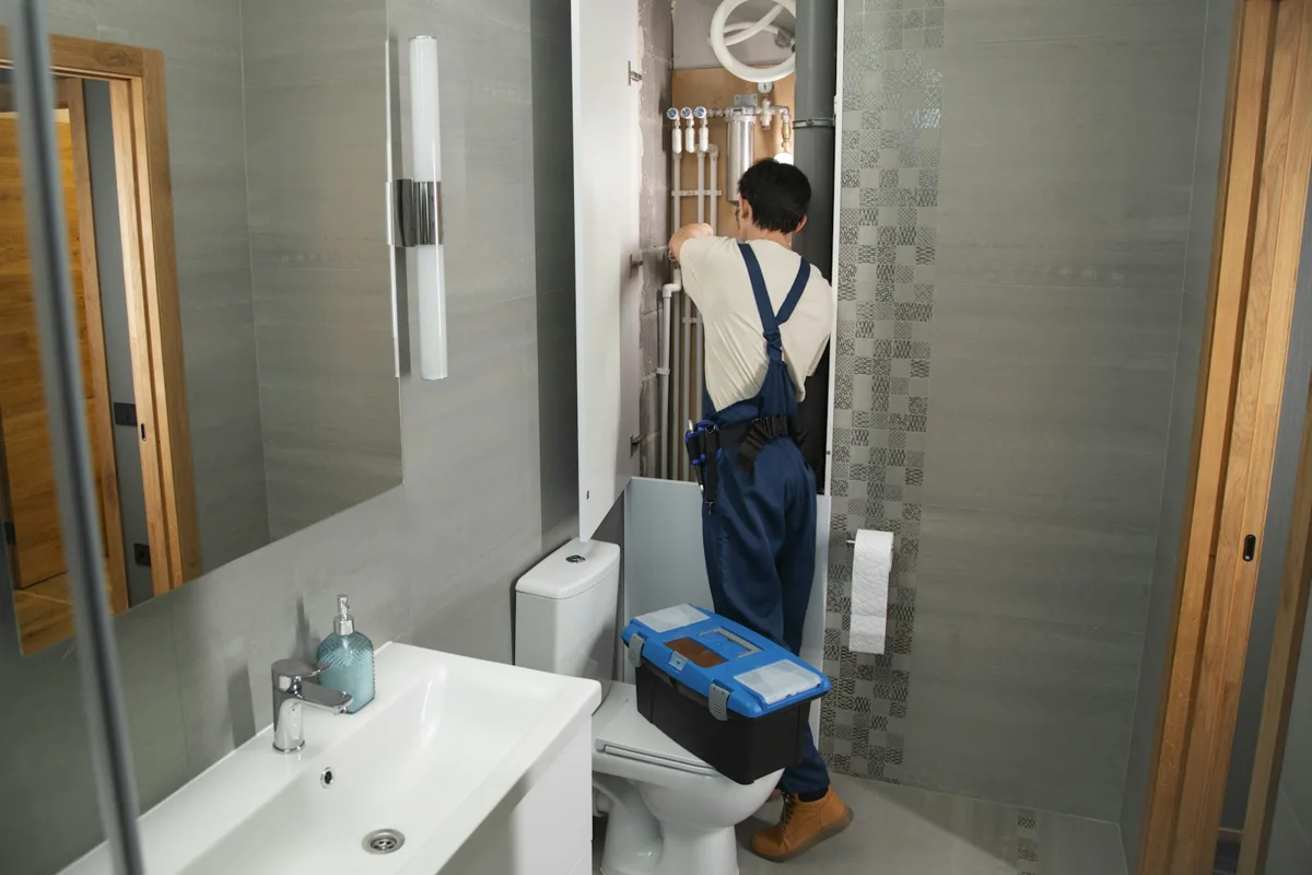 Plumber documenting pipework before asking for clarification